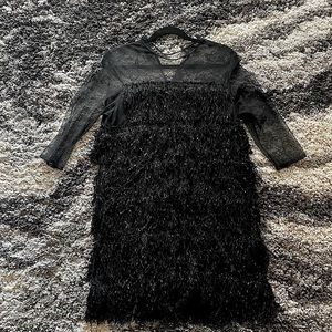 Zara Basic Collection US XL Black Fringe Mini Dress with Three Quarter Sleeve